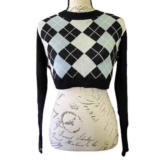 Black Argyle Print Knit Long Sleeve Sweater One Size NEW - Picture 1 of 2